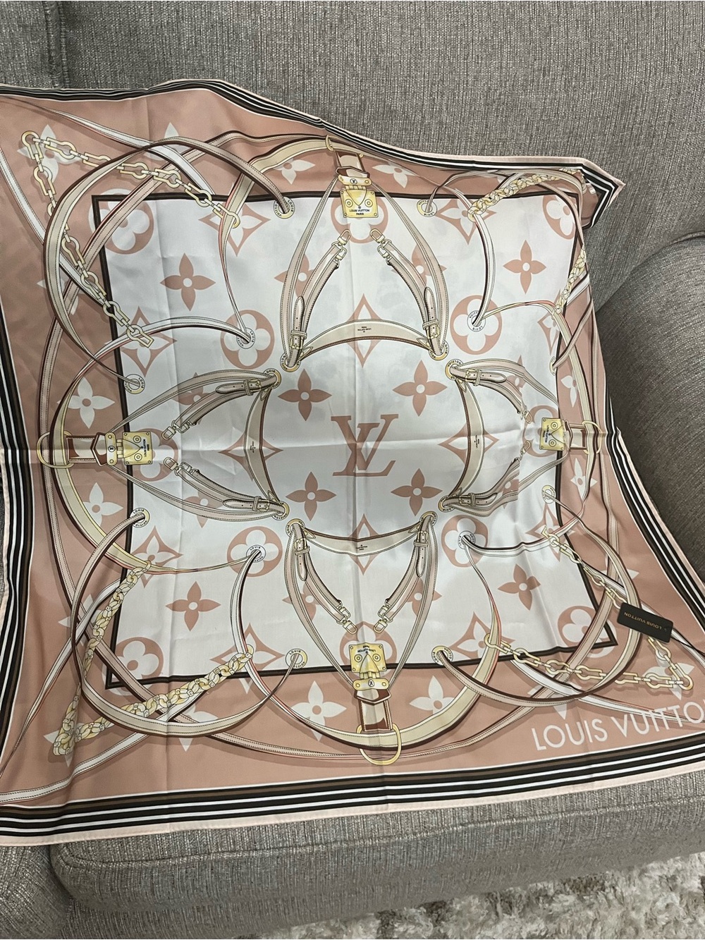 Louis Vuitton Blush Pink and White Monogram Silk Twill Scarf